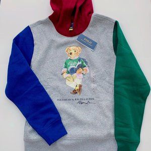 NWT POLO RALPH LAUREN BIG Boys L 14-16 Color Blocked BEAR Fleece Hoodie